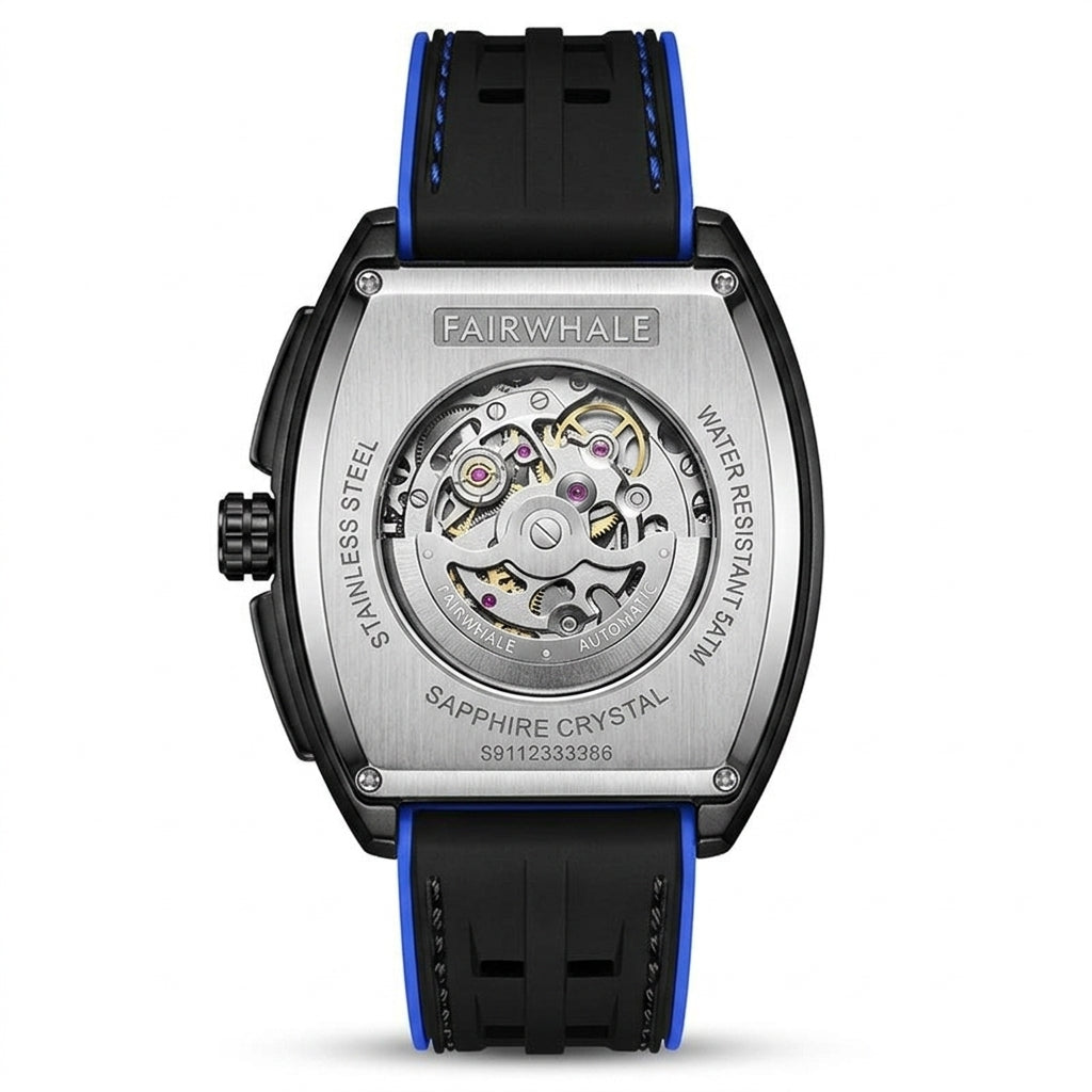 Mark Fairwhale Galaxion - Watch case back, engraved details, studio shot, luxury