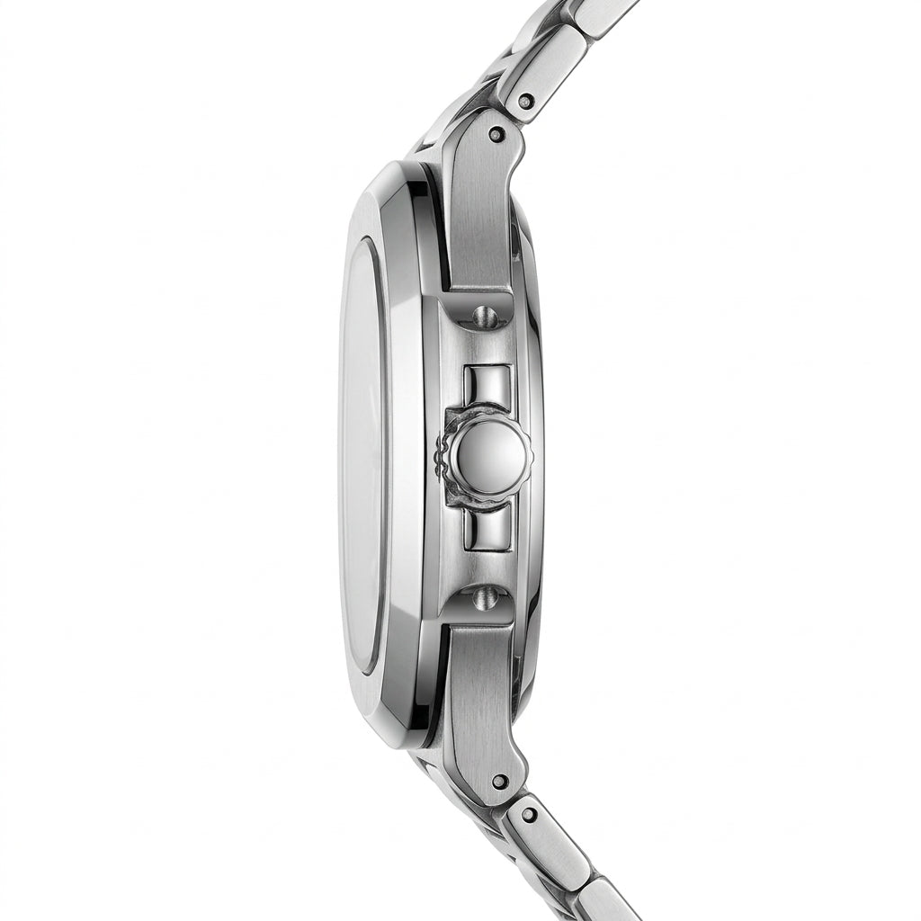 Mark Fairwhale FW-5019 Me - luxury watch side profile, stainless steel, white background