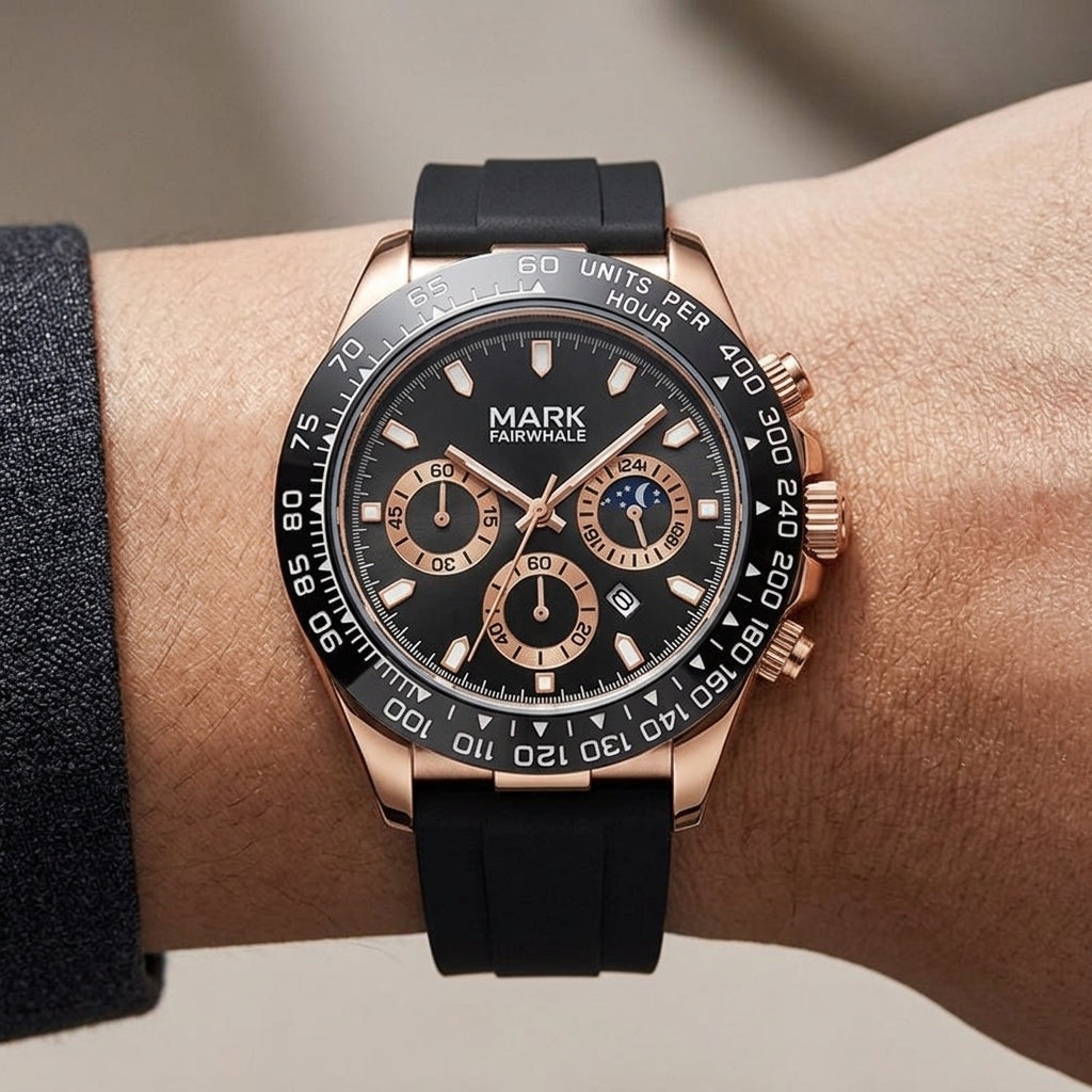 MARK FAIRWHALE FW-5033 QU - wristshot, luxury watch, close-up, photorealistic