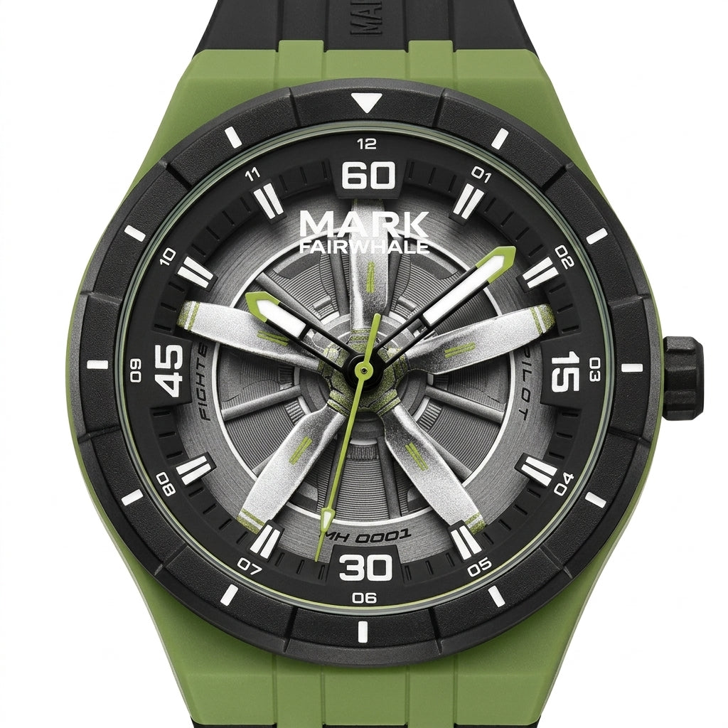 Mark Fairwhale FW-5050 AE - watch dial macro, luxury design, white background.