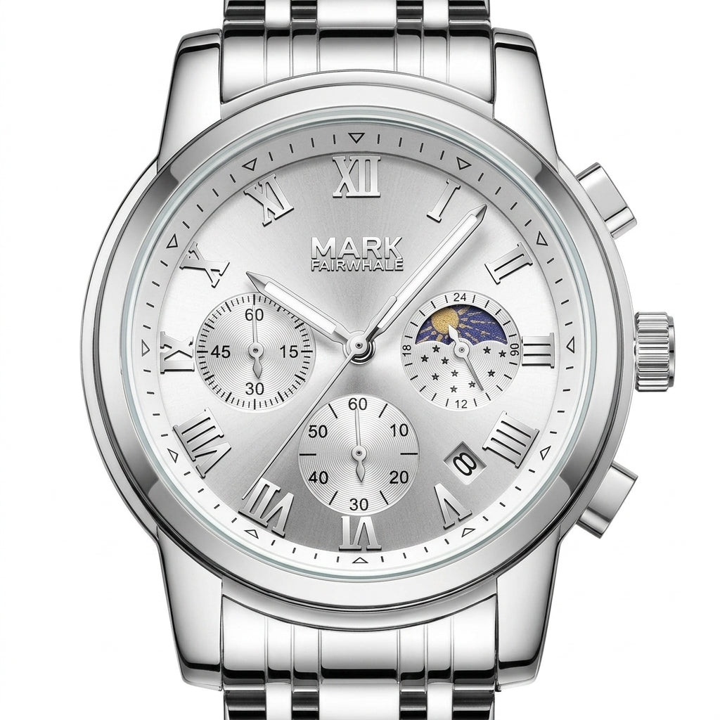 Mark Fairwhale FW-5058 Me - luxury watch dial detail, metal, white background