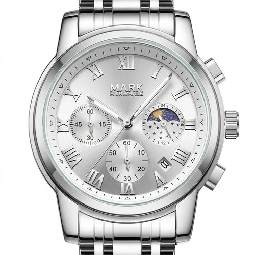 Mark Fairwhale FW-5058 Me - luxury watch dial detail, metal, white background