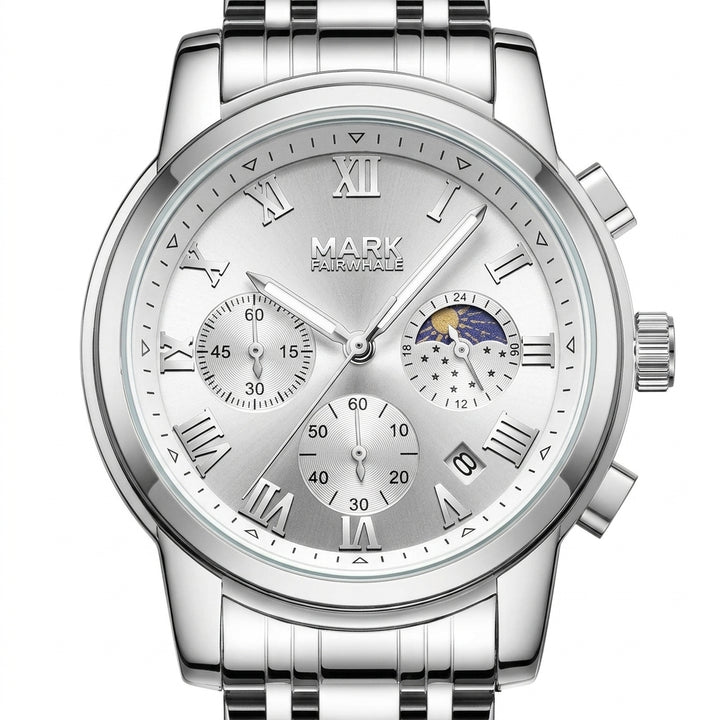 Mark Fairwhale FW-5058 Me - luxury watch dial detail, metal, white background