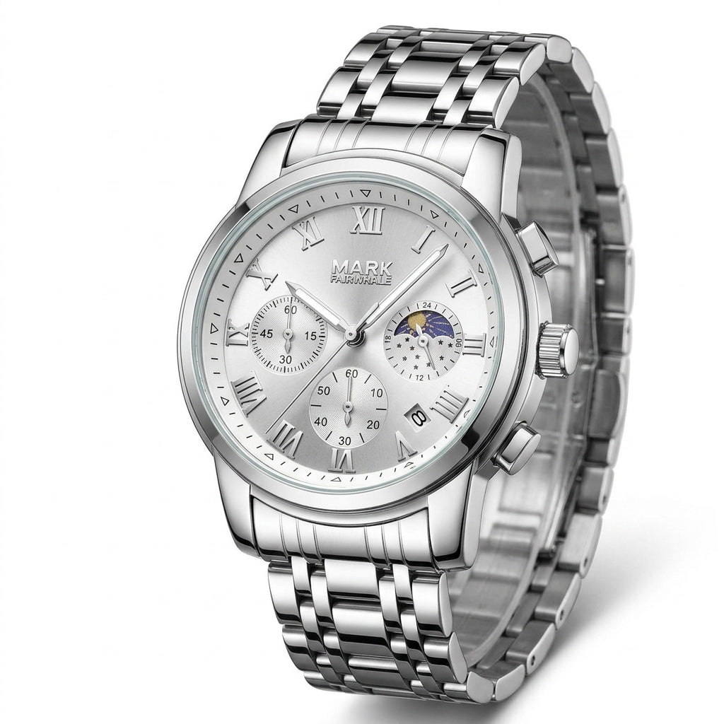 Mark Fairwhale FW-5058 Me - luxury watch, stainless steel, white dial, studio shot