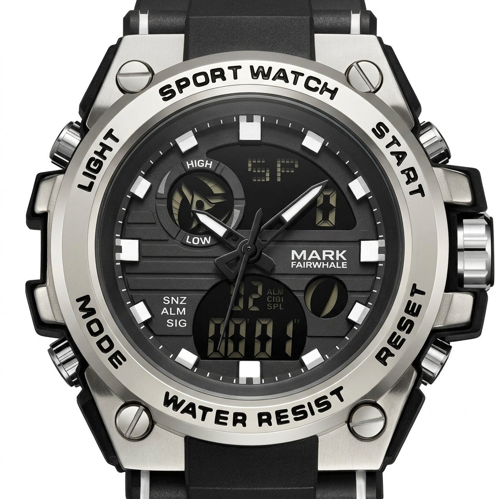 Mark Fairwhale FW-5100 Me - watch dial macro, luxury design, white background.