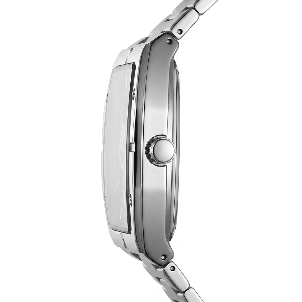 MARK FAIRWHALE FW-5190 Me - luxury watch side profile, metal edges, white background.