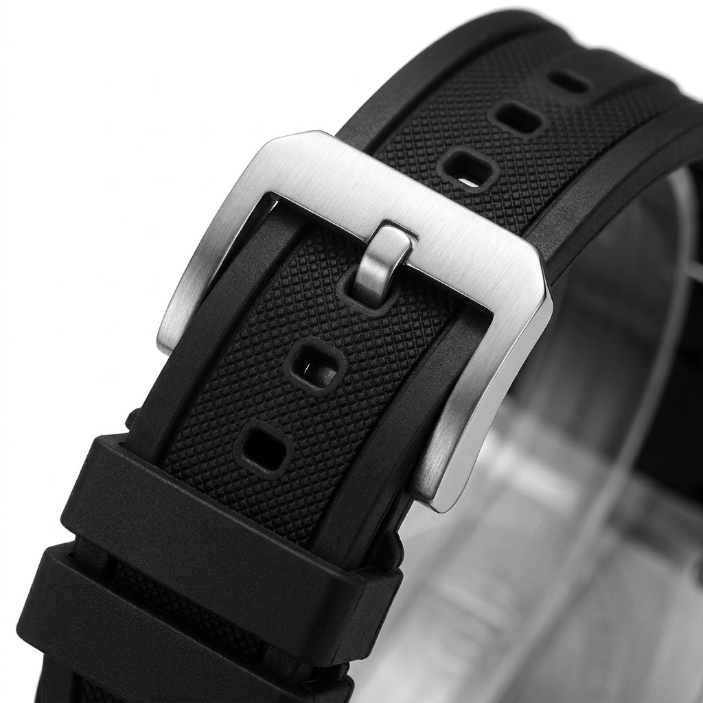Mark Fairwhale FW-5960 BA - leather strap, metal buckle, macro detail