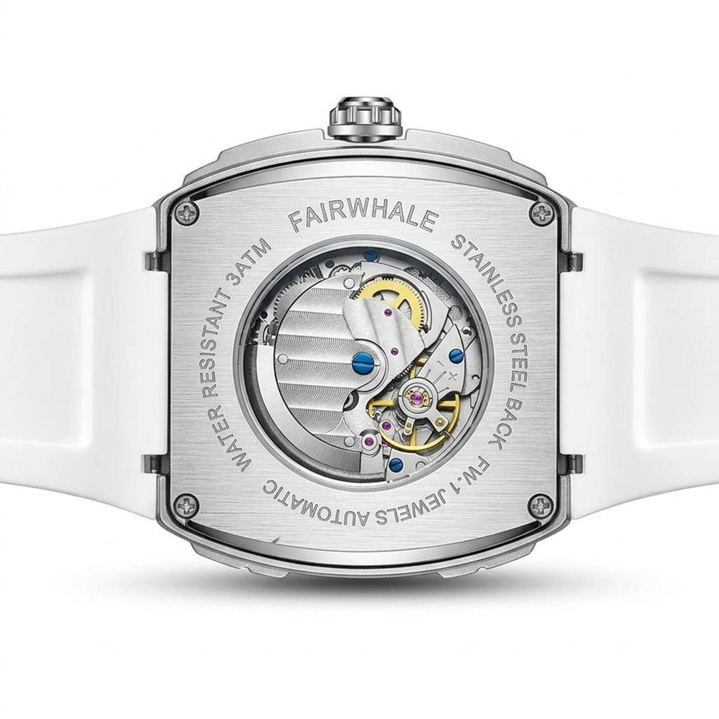 Mark Fairwhale FW-6002 Sk - watch case back, engraved details, studio photography