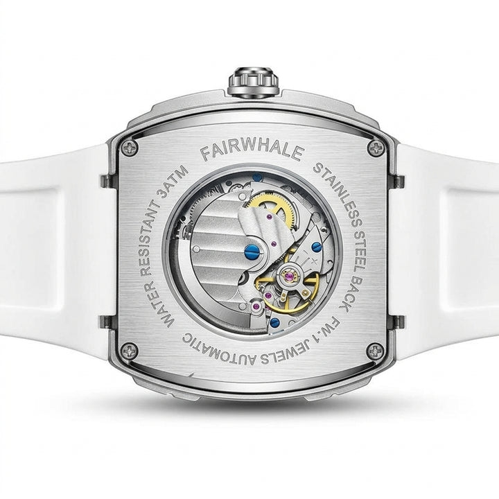 Mark Fairwhale FW-6002 Sk - watch case back, engraved details, studio photography