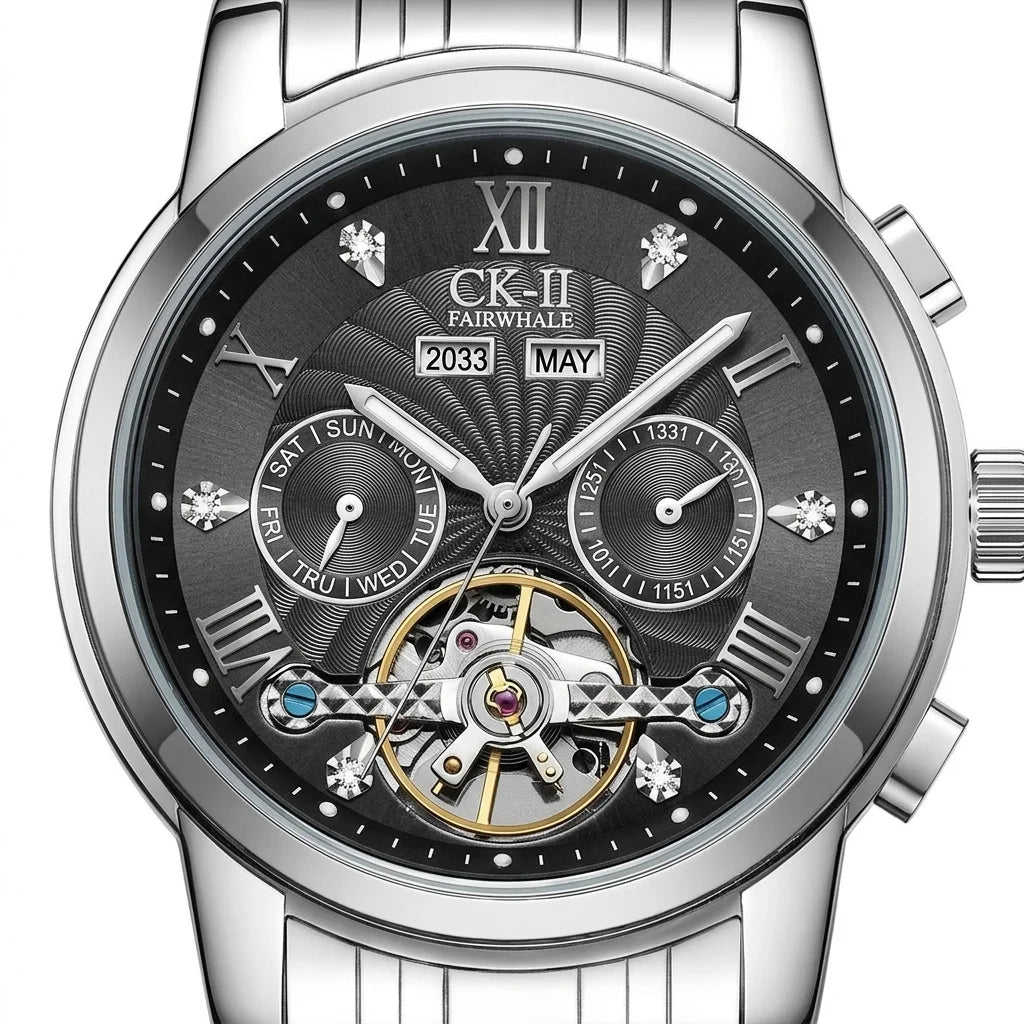 Mark Fairwhale FW-6028 Hi - macro dial, sharp details, luxury aesthetic, white background