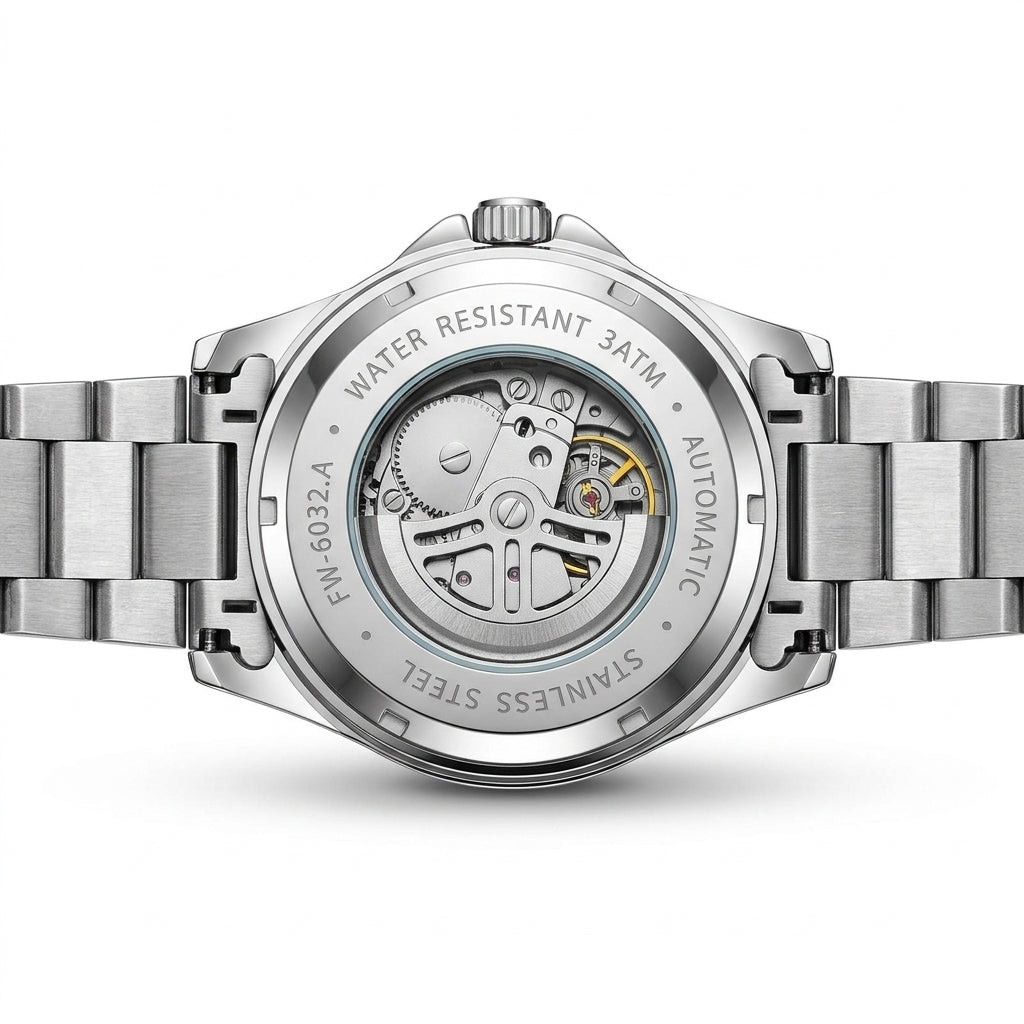 Mark Fairwhale FW-6032 Wr - watch case back, luxury, stainless steel, studio shot