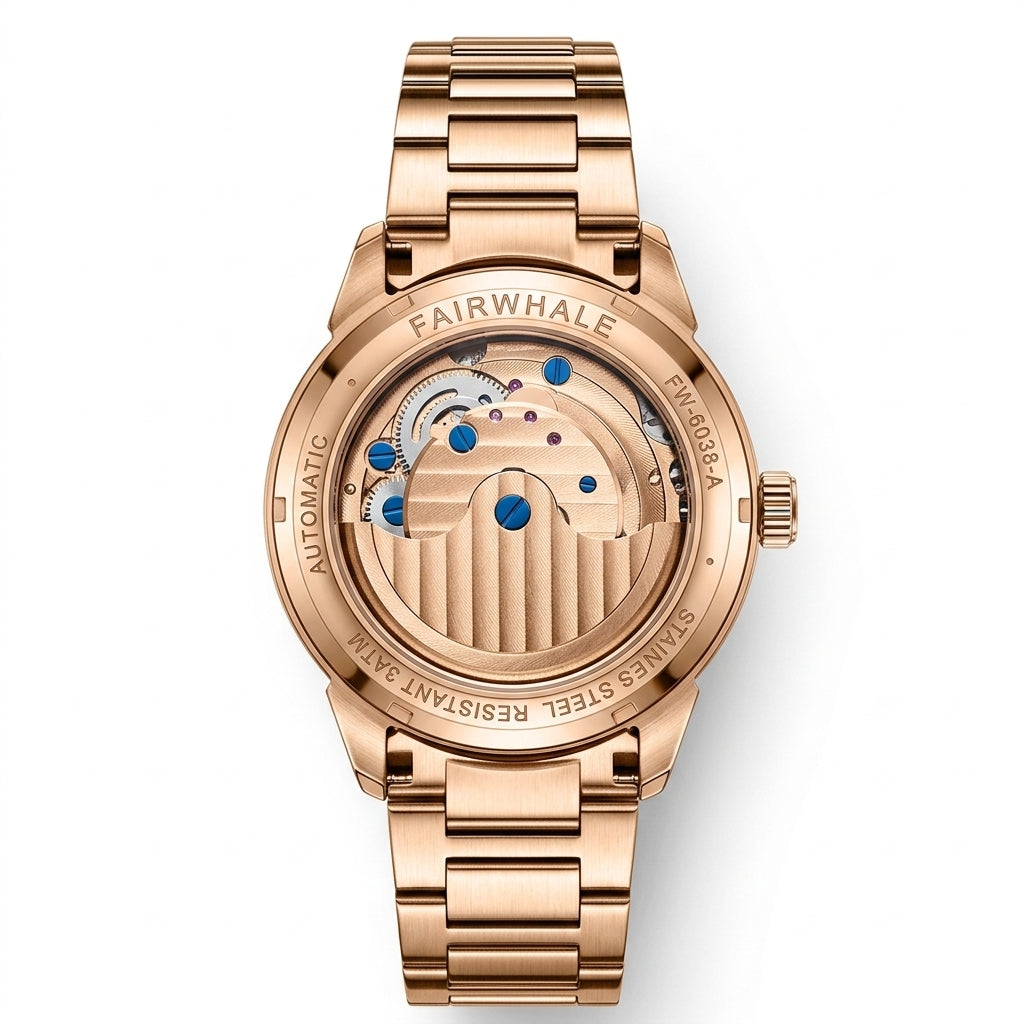 Mark Fairwhale FW-6038 Au - case back, legible engravings, luxury, watch strap