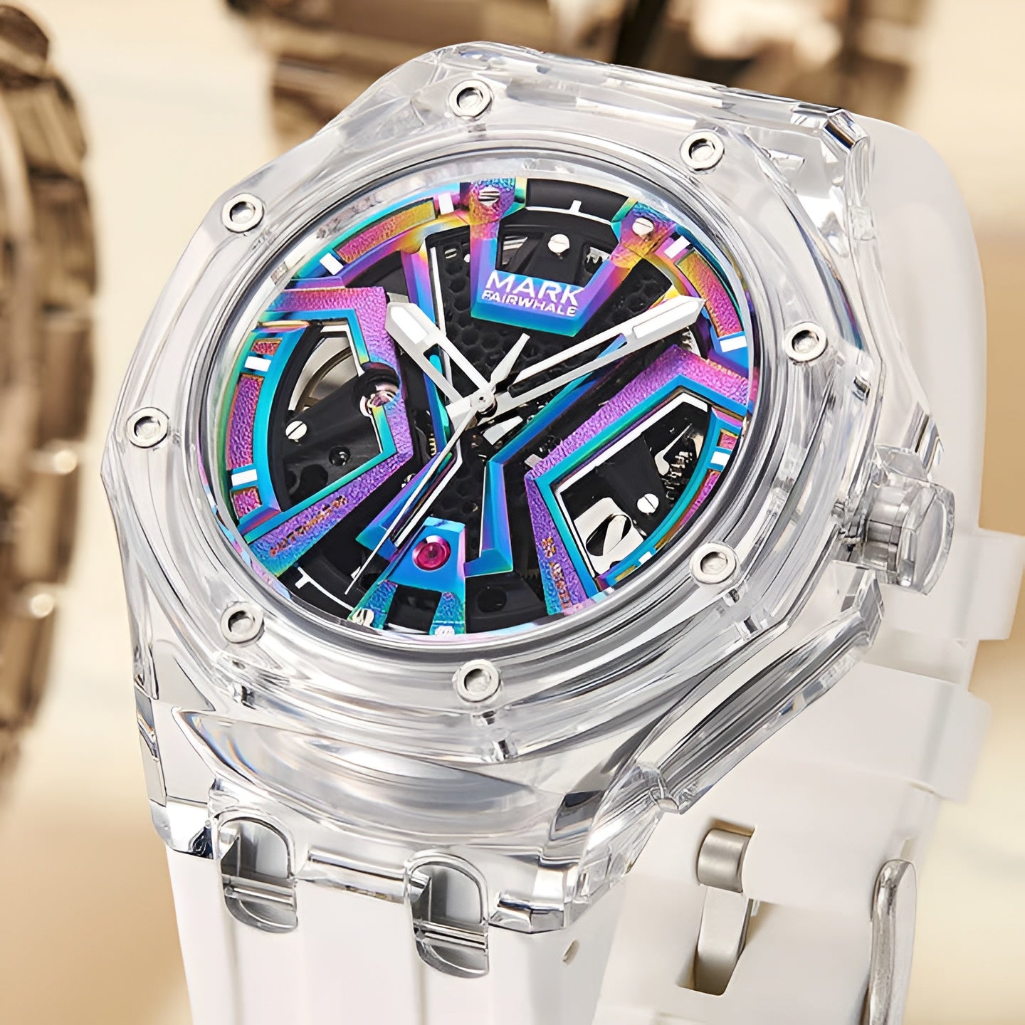 Close-up of Mark Fairwhale FW-6550 FLAROG men’s automatic watch showing colorful skeleton dial inside a clear acrylic case and white strap.
