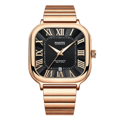 Mark Fairwhale IONIRUS gold automatic men’s square watch with Roman numerals and stainless steel bracelet