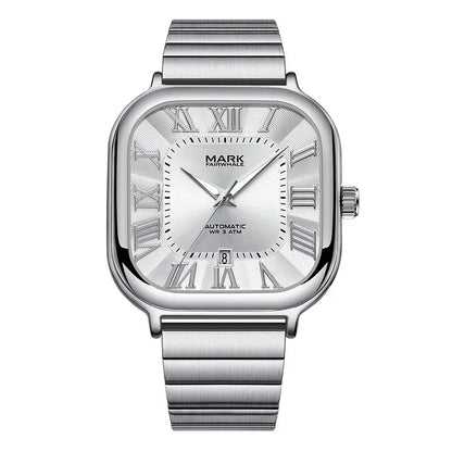 Mark Fairwhale IONIRUS silver automatic men’s square watch with Roman numeral dial and stainless steel bracelet