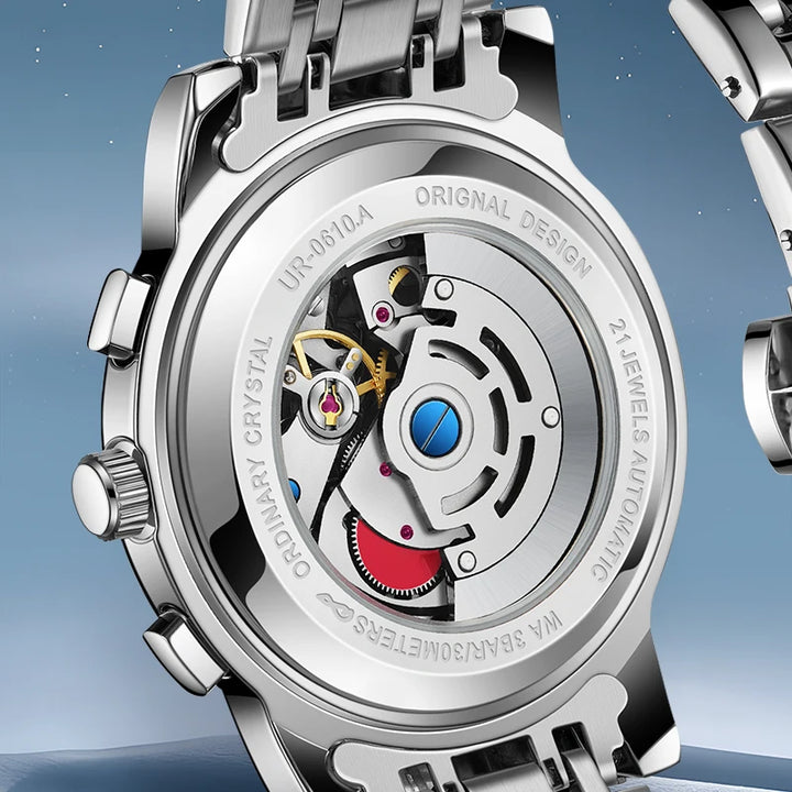 Mark Fairwhale LUNARIX FW-6018 men’s automatic mechanical chronograph watch with transparent case back.