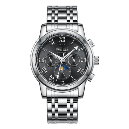 Mark Fairwhale LUNARIX FW-6018 men’s automatic chronograph watch with moon phase and stainless steel strap – black dial