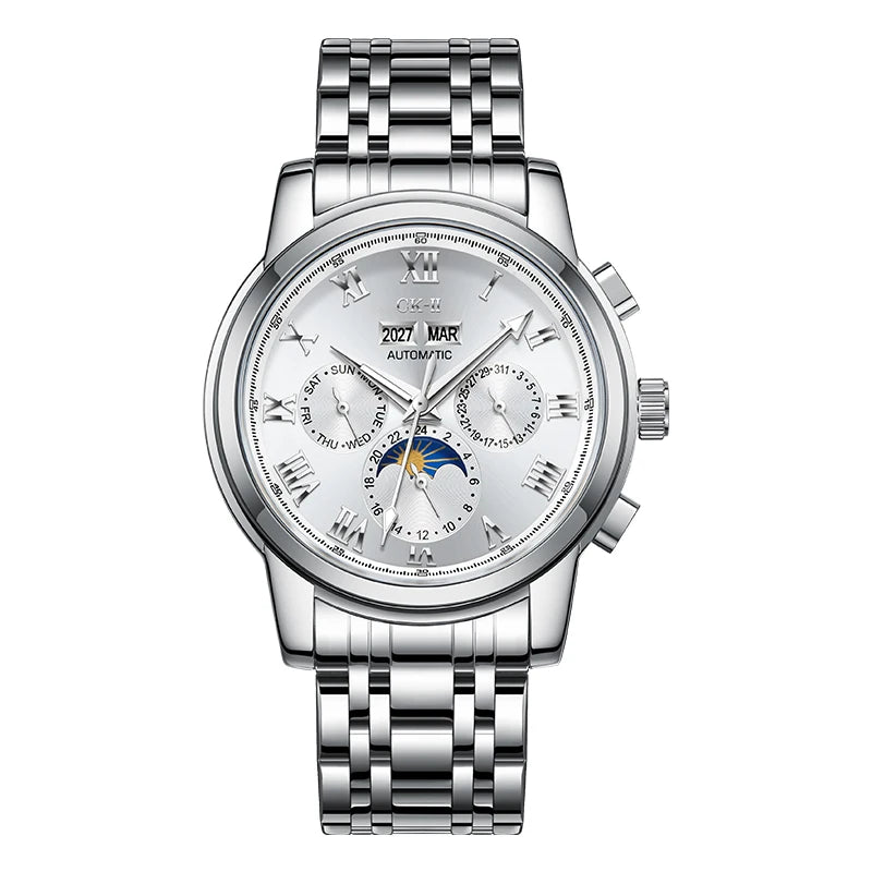 Mark Fairwhale LUNARIX FW-6018 men’s automatic chronograph moon phase watch with stainless steel strap – white dial.