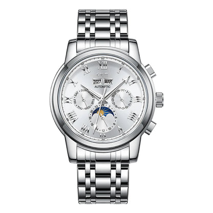Mark Fairwhale LUNARIX FW-6018 men’s automatic chronograph moon phase watch with stainless steel strap – white dial.