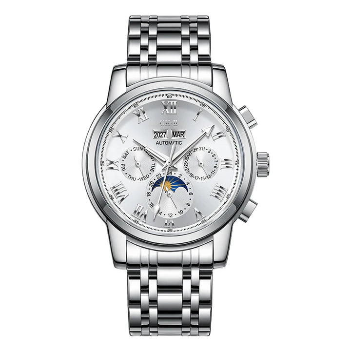 Mark Fairwhale LUNARIX FW-6018 men’s automatic chronograph moon phase watch with stainless steel strap – white dial.