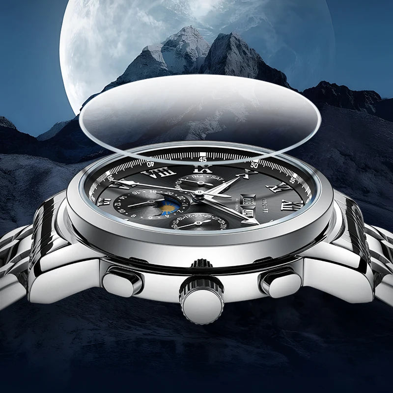 Mark Fairwhale LUNARIX FW-6018 men’s luxury automatic chronograph watch with curved scratch-resistant glass.