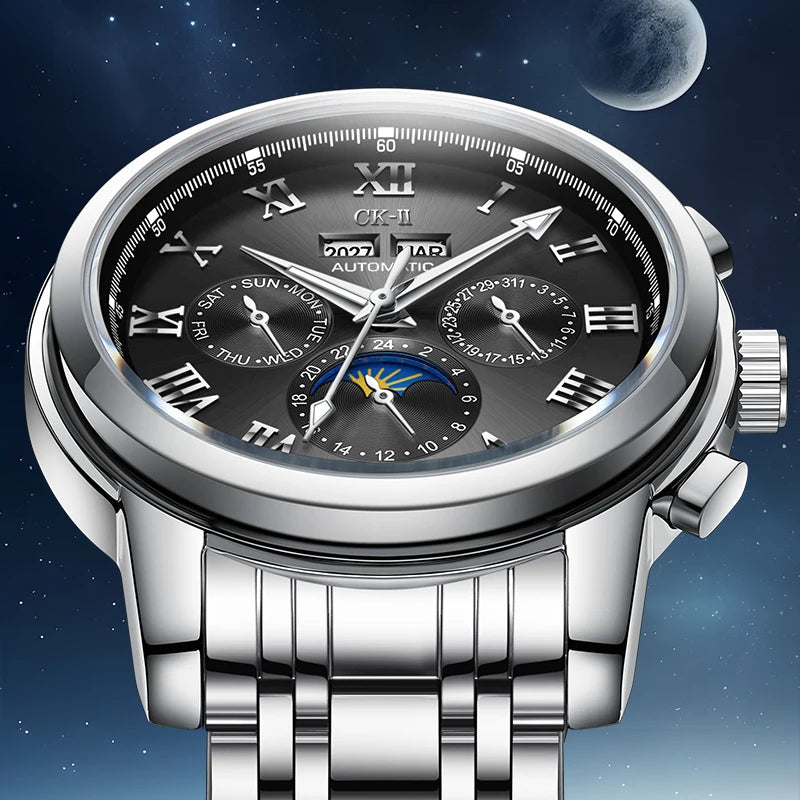 Mark Fairwhale LUNARIX FW-6018 men’s automatic moon phase watch with Roman numerals and chronograph functions.