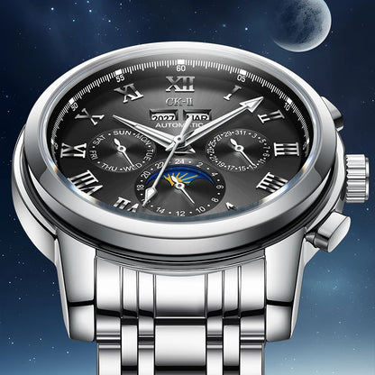 Mark Fairwhale LUNARIX FW-6018 men’s automatic moon phase watch with Roman numerals and chronograph functions.