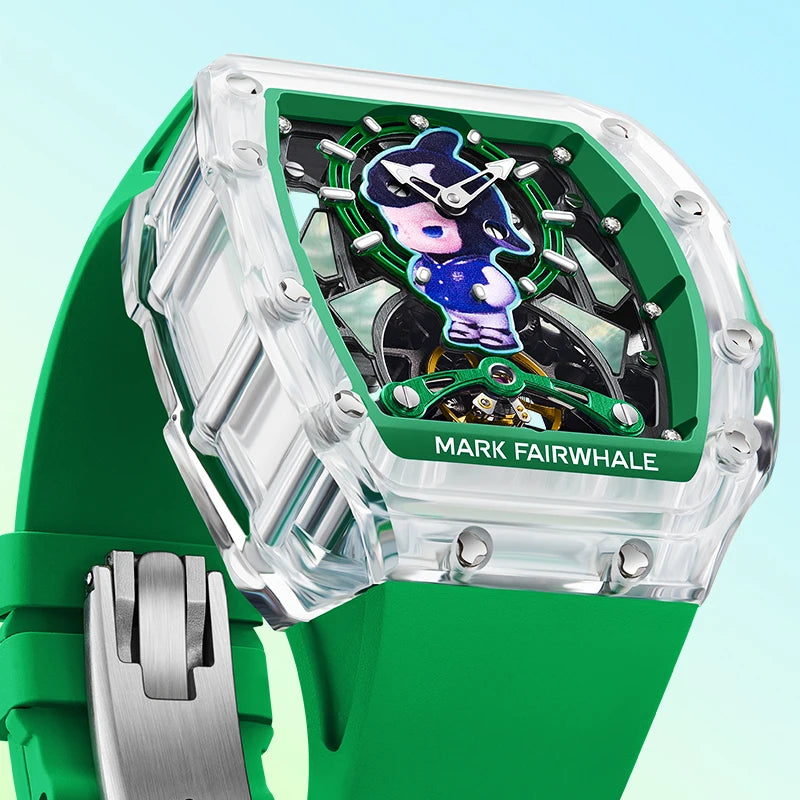 Mark Fairwhale LUXIUM men’s automatic skeleton watch with green strap and transparent tonneau case