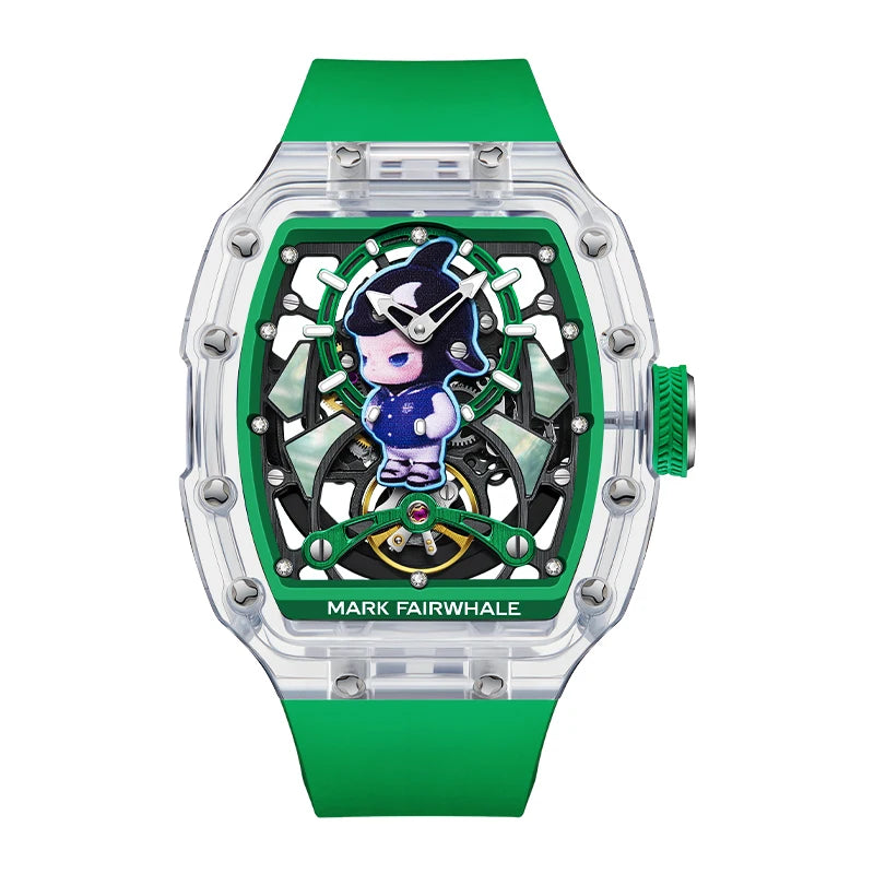 Mark Fairwhale LUXIUM green transparent tonneau automatic mechanical watch with sapphire crystal and rubber strap