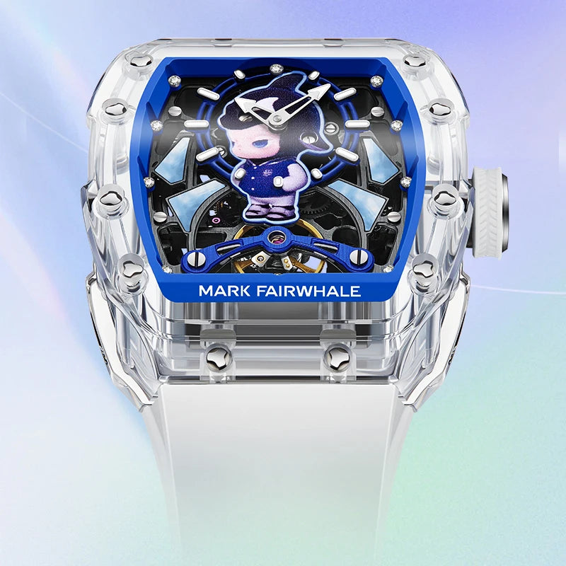 Mark Fairwhale LUXIUM men’s automatic skeleton watch with blue accents, transparent tonneau case and sapphire crystal.