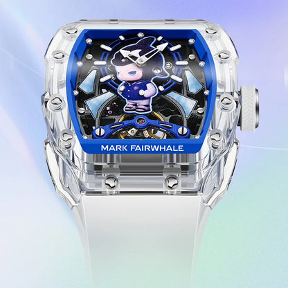 Mark Fairwhale LUXIUM men’s automatic skeleton watch with blue accents, transparent tonneau case and sapphire crystal.