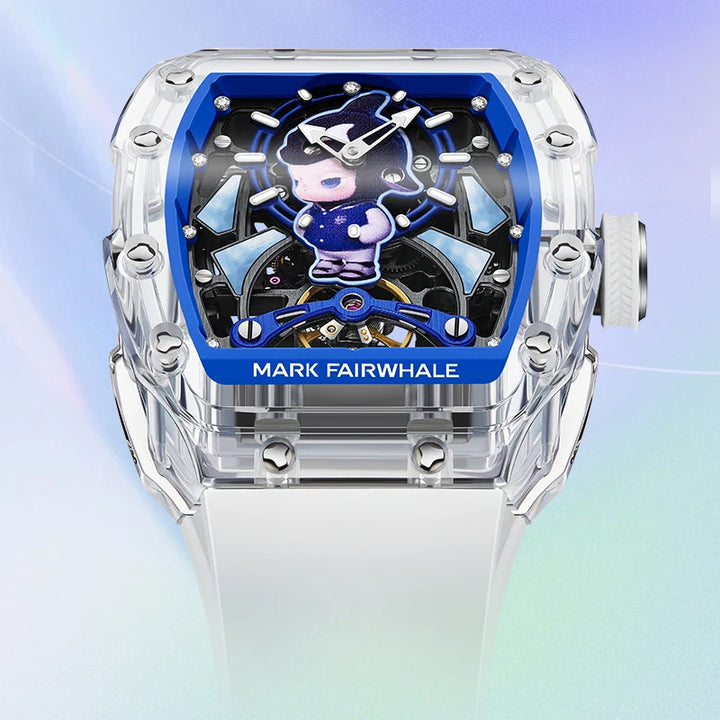 Mark Fairwhale LUXIUM men’s automatic skeleton watch with blue accents, transparent tonneau case and sapphire crystal.