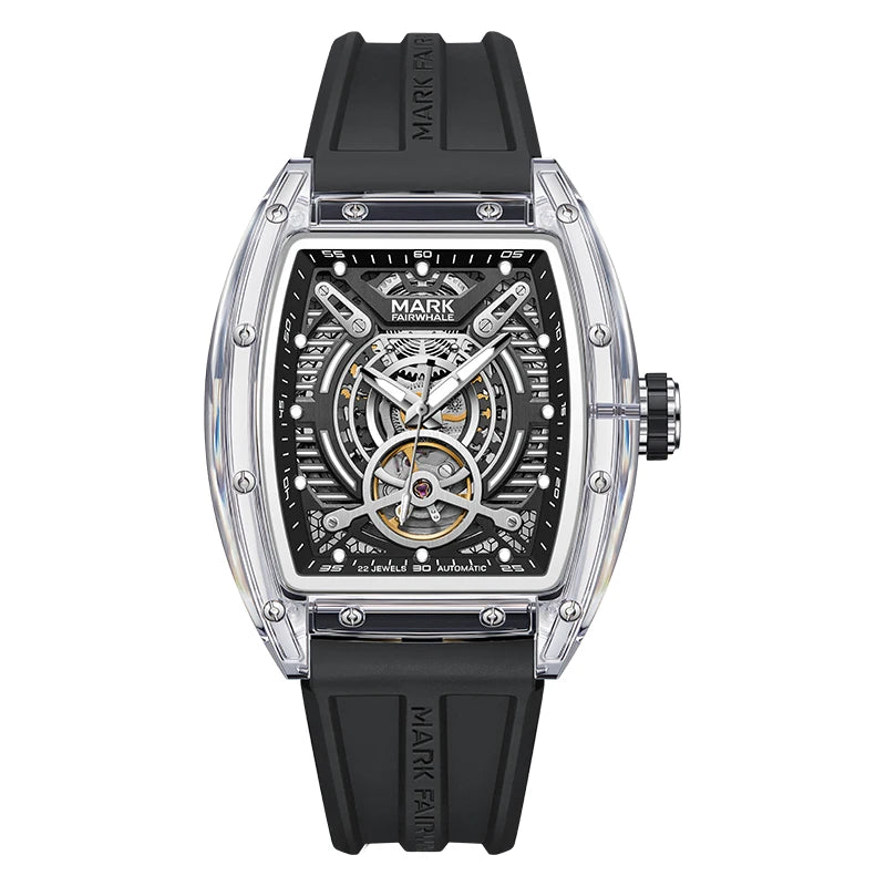 Mark Fairwhale FW-6860 LUXONIS men’s skeleton automatic watch with transparent case, black rubber strap, and glow-in-the-dark hands – modern luxury watch.