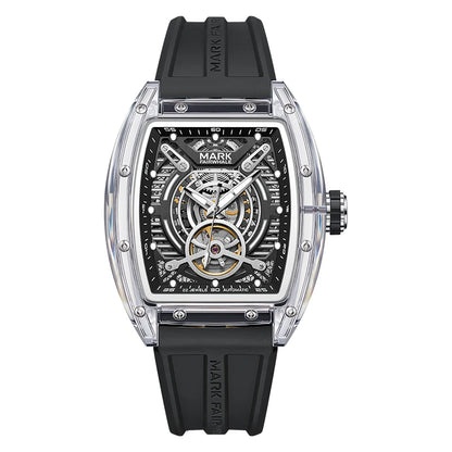 Mark Fairwhale FW-6860 LUXONIS men’s skeleton automatic watch with transparent case, black rubber strap, and glow-in-the-dark hands – modern luxury watch.