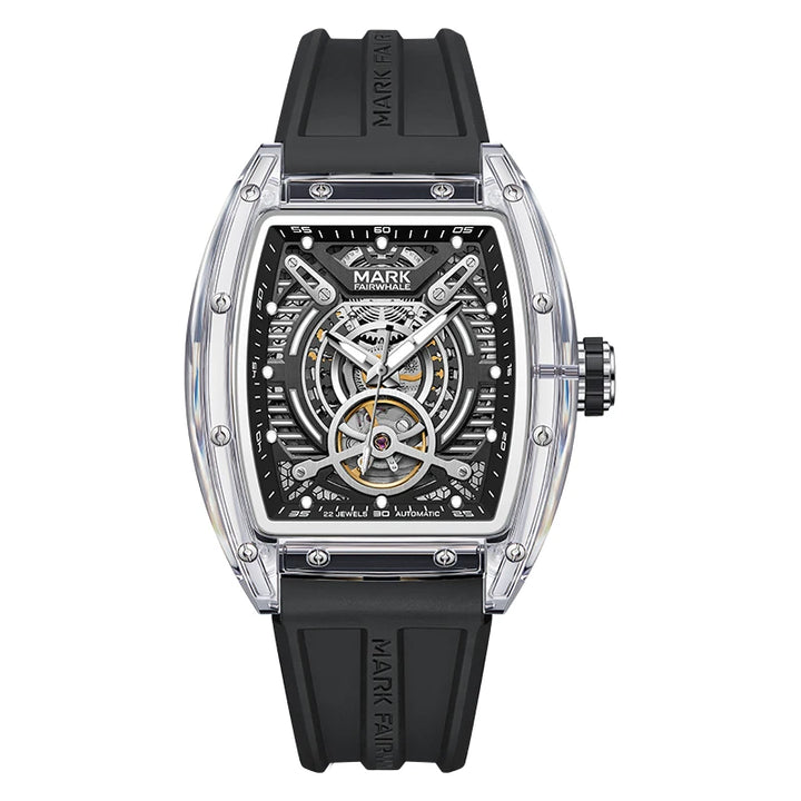 Mark Fairwhale FW-6860 LUXONIS men’s skeleton automatic watch with transparent case, black rubber strap, and glow-in-the-dark hands – modern luxury watch.
