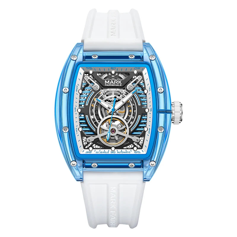 Mark Fairwhale FW-6860 LUXONIS men’s automatic skeleton watch with blue acrylic case, white rubber strap, and luminous dial – luxury sport timepiece 2025.