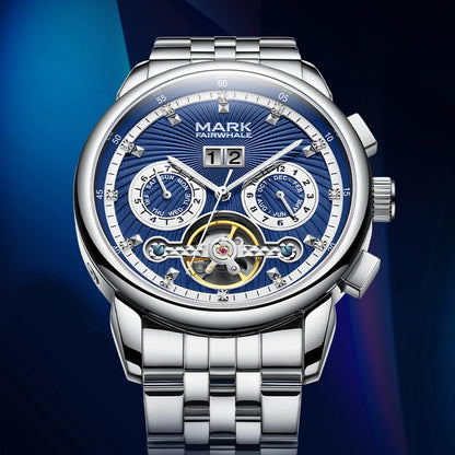 Mark Fairwhale men’s stainless steel watch with skeleton dial and automatic tourbillon movement