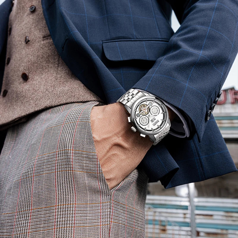 Elegant men’s Fairwhale watch with silver stainless steel bracelet and business suit styling