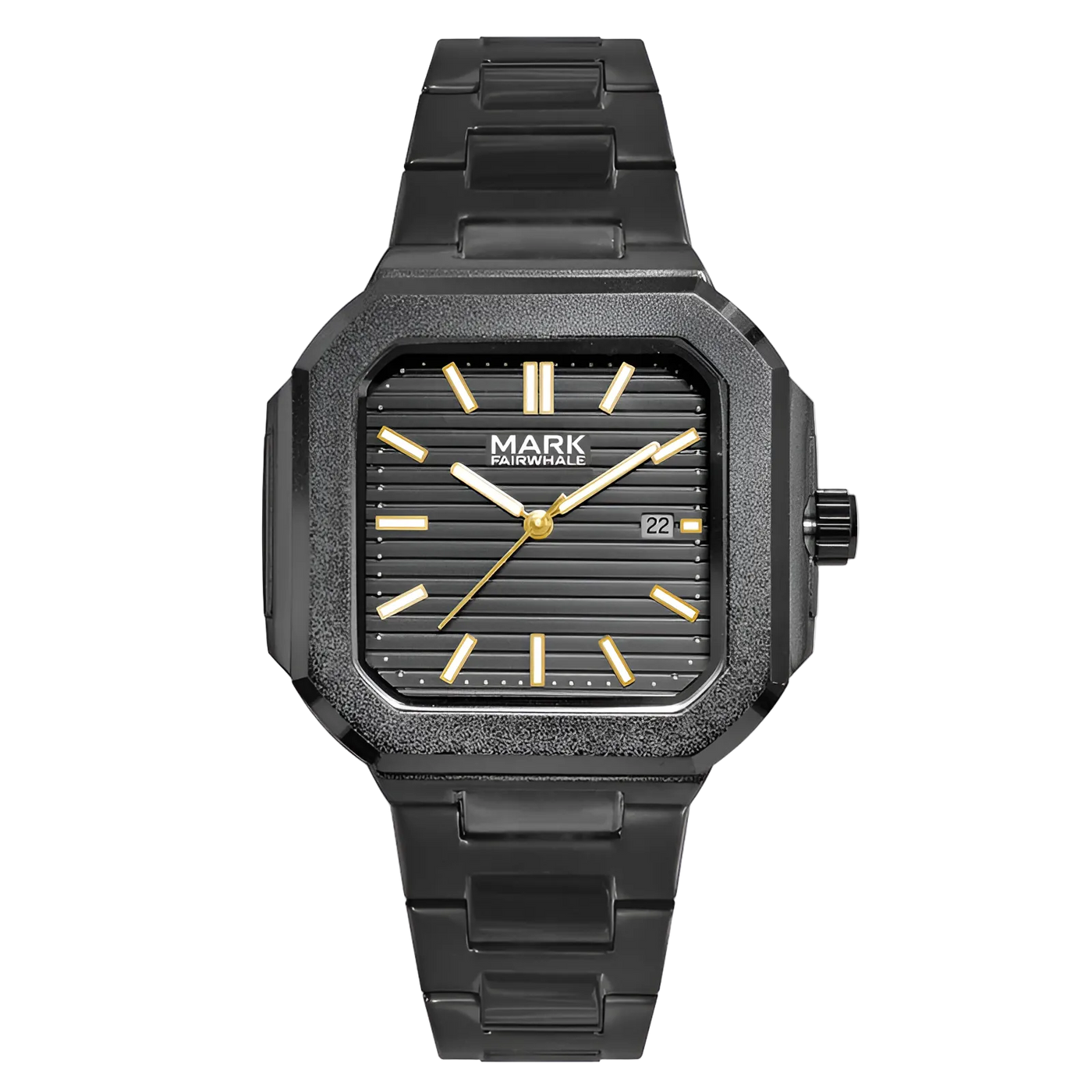 Mark Fairwhale Mens Quartz watch with square dial, black stainless steel bracelet, black textured bezel, date window, gold hands