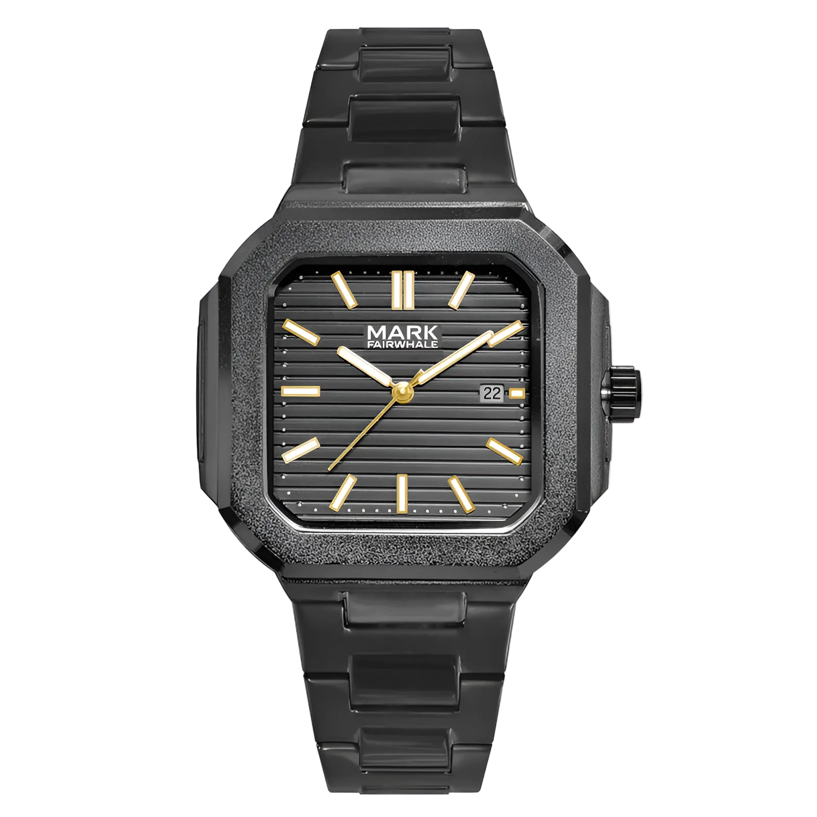 Mark Fairwhale Mens Quartz watch with square dial, black stainless steel bracelet, black textured bezel, date window, gold hands