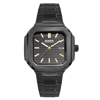 Mark Fairwhale Mens Quartz watch with square dial, black stainless steel bracelet, black textured bezel, date window, gold hands