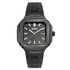 Mark Fairwhale Mens Quartz watch with square dial, black stainless steel bracelet, black textured bezel, date window, gold hands