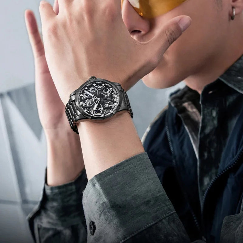Mark Fairwhale FW-6800 NAUREON men’s skeleton watch in black stainless steel, worn with urban streetwear