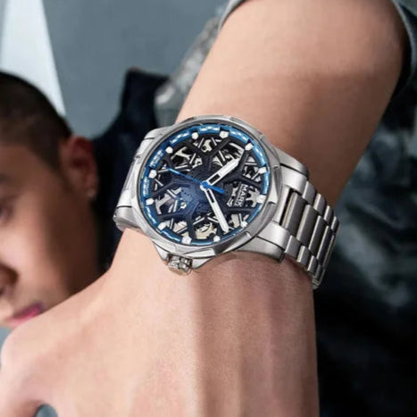 Mark Fairwhale FW-6800 NAUREON men’s skeleton automatic watch with blue dial highlights, stainless steel strap