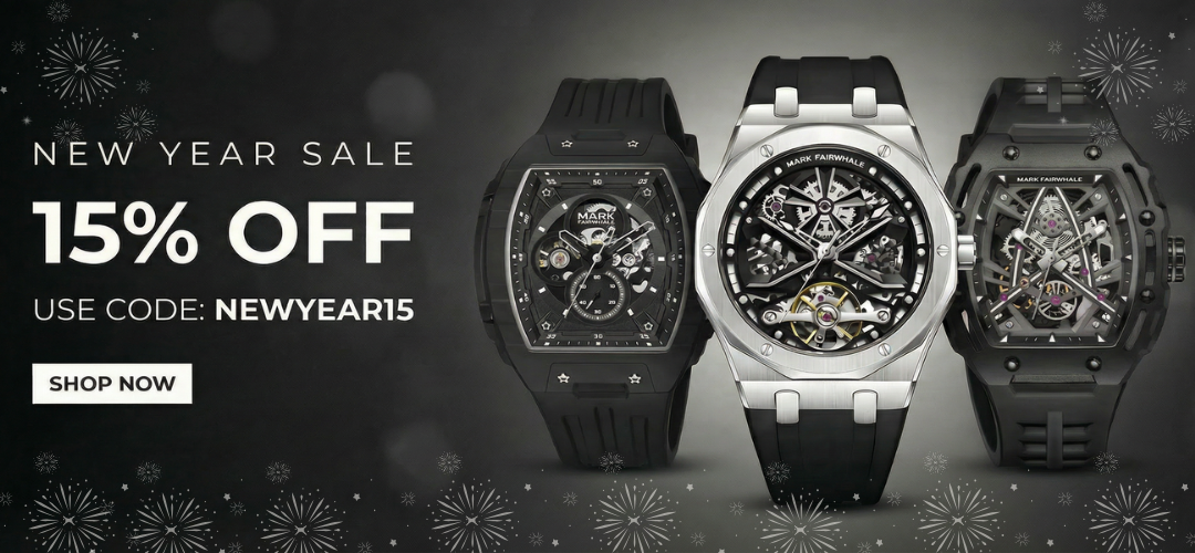Mark Fairwhale skeleton automatic watches displayed in luxury black background with fireworks, promoting New Year Sale 15% OFF with code NEWYEAR15 – premium men's mechanical watch collection