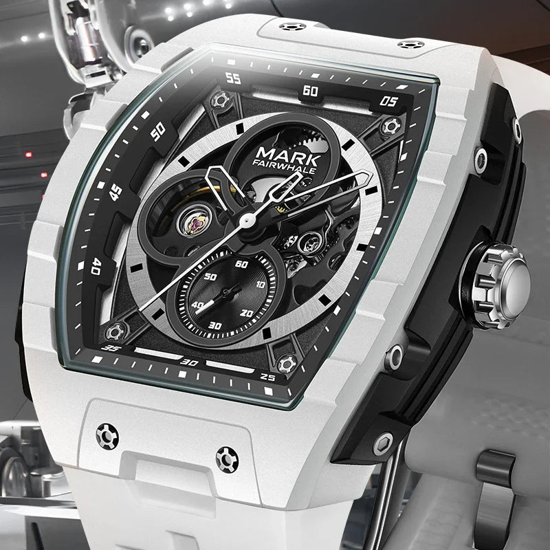 Detailed close-up of Mark Fairwhale NEXURIS skeleton dial with luminous hands
