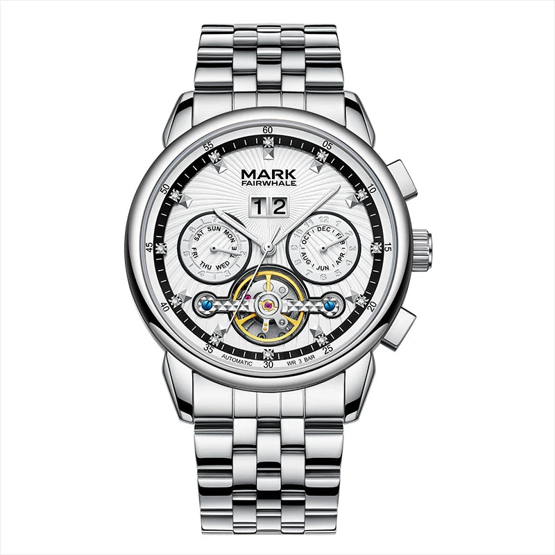 Mark Fairwhale men’s automatic skeleton watch with stainless steel bracelet and tourbillon design