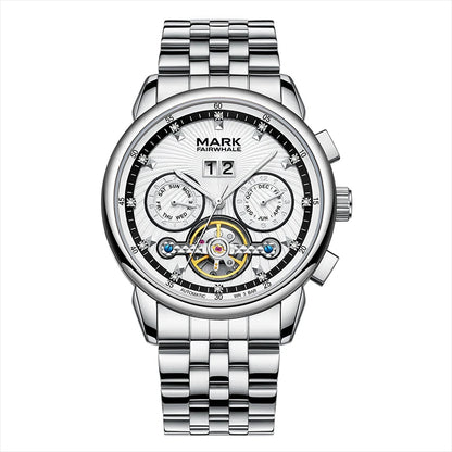 Mark Fairwhale men’s automatic skeleton watch with stainless steel bracelet and tourbillon design