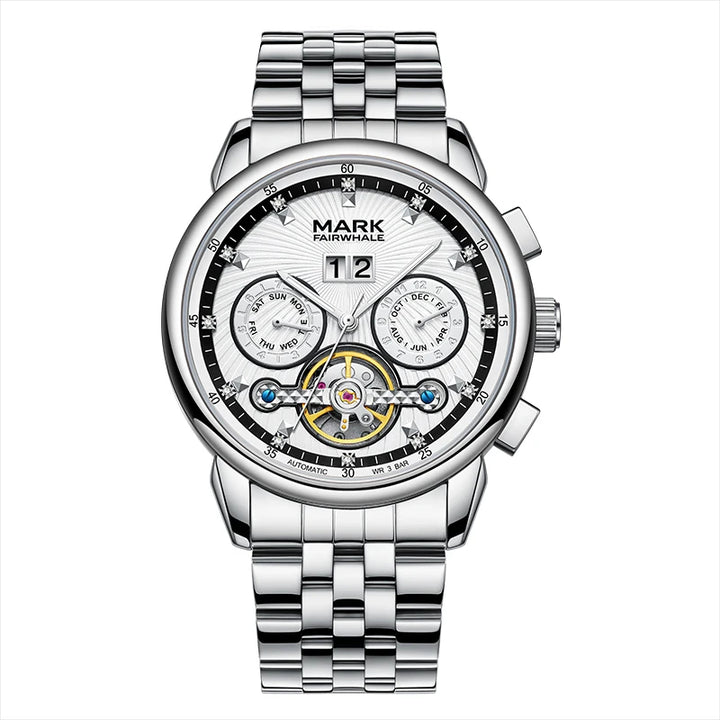 Mark Fairwhale men’s automatic skeleton watch with stainless steel bracelet and tourbillon design