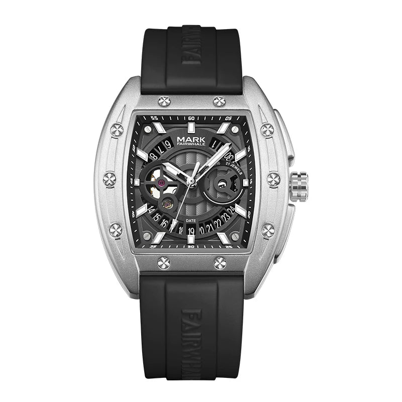 Mark Fairwhale SKELTOR men’s skeleton automatic watch with silver tonneau case and rubber strap